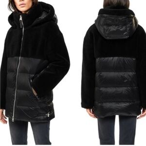 MACKAGE BLACK JUNIA MIXED MEXIA SHERPA DOWN PUFFER MIDI COAT S